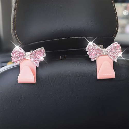 Bling Car Headreat Hook, 2PCS Crystal Rhinestone Cute Bow Vehicle Seat Back Hanger Storage for Purses Bags Grocery, Diamond Auto Rear Seat Organizer, Universal for SUV Truck Sedan (Pink) - style: Pink/2PCS