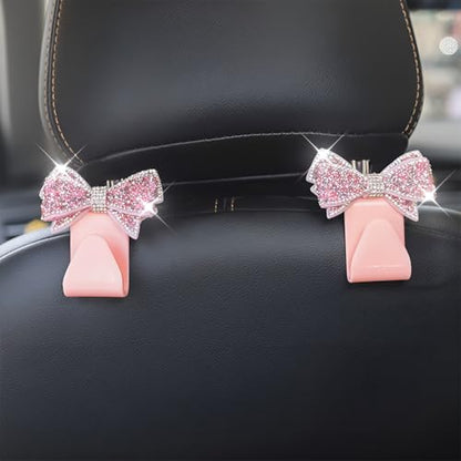 Bling Car Headreat Hook, 2PCS Crystal Rhinestone Cute Bow Vehicle Seat Back Hanger Storage for Purses Bags Grocery, Diamond Auto Rear Seat Organizer, Universal for SUV Truck Sedan (Pink) - style: Pink/2PCS
