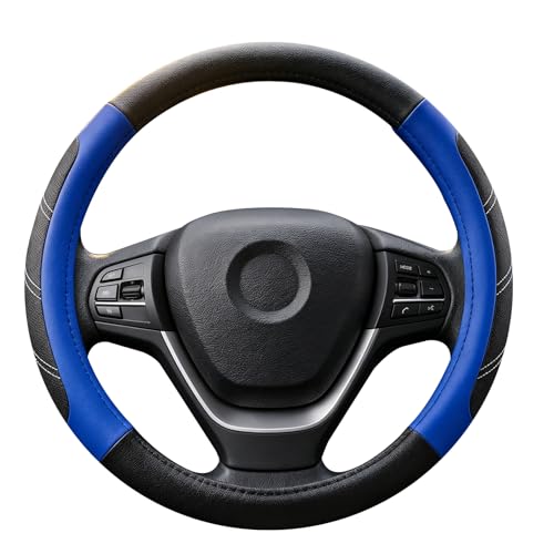 Black and Blue Line Punching Car Steering Wheel Cover, Microfiber Leather Sports, 14.5-15 in Universal Leather Wheel Covers, Breathable Fashion Anti-Slip, Steering Wheels Accessories for Men Women - color: Line Punching-Black and Blue