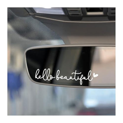 3 x Hello Beautiful Car Mirror Decal, Affirmation Sticker, Rearview Mirror Decal, Tumbler Sticker, Water Bottle Stickers, Vinyl Tumbler Decal, New Car Decor, 4 inches (White, Hello Beautiful)