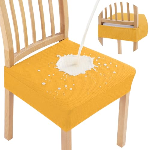Smiry Waterproof Seat Covers for Dining Room Chairs Set of 2, Stretch Jacquard Removable Washable Chair Seat Slipcovers Protector, No Rear Covers, Mustard Yellow - color: Mustard Yellow, size: Set of 2