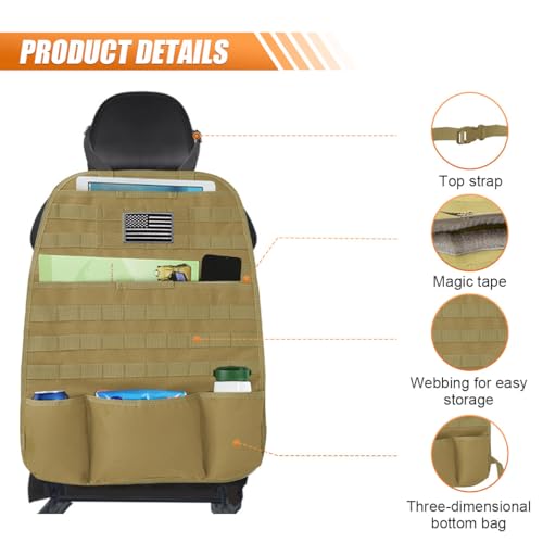 Tactical Molle Car Seat Back Organizer, Vehicle Panel Car Seat Back Cover Protector with 5 Storage Pouch, Universal Backseat Storage Organizer with USA Flag Patch for Car SUV Truck (Khaki-1 Pc) - size: Khaki-1 Pc