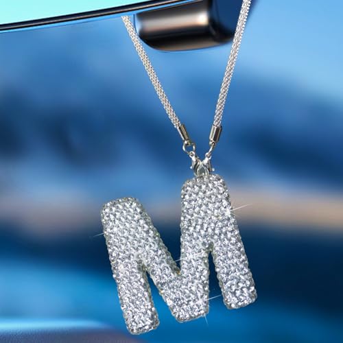 Bling Car Letter Charm, Rear View Mirror Ornament Cute Hanging Crystal Pendant Bling Car Accessories, Lucky Diamond Rhinestone Women Charm Auto Decoration (White M) - color: White M