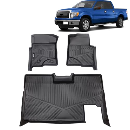 FREEMOTOR802 Compatible with 2009-2014 Ford F-150 Super Crew Cab Floor Mats, Black 3D Molded Carpets Liner 1st 2nd Row Pad 3PC TPE Thermo Plastic Elastomer All Weather Protector - size: For Ford F-150 Super Crew Cab 2009-2014
