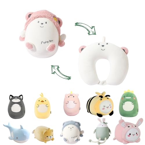 Kids Travel Pillow - 2-in-1 Deformable Kids Neck Pillow for Traveling, Soft U-Shaped Pillow with Adorable Animal Design, Comfy Sleep and Play, Ideal for Airplanes and Cars - Pink Bear - size: Pink Flying Bear
