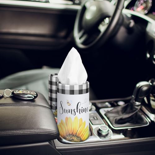 12 Pack Sunflower Tissue Boxes for Car Cylinder Bulk Black White Plaid Flower Round Cylinder Holder with 3 Ply Facial Tissues for Spring Summer Travel Bathroom Office Decoration - style: Sunflower