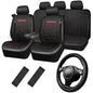 CAR PASS Leather Car Seat Cover Full Set with Steering Wheel Cover and 2PCS Seat Belt Shoulder Pads,for Trucks and SUV with Built-in Seatbelts and Front Seat Side Armrests(Combo Set, Black and Red) - color: Black Red Set
