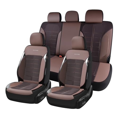 Coverado Leather and Air Mesh Seat Cover, Car Seat Cover Full Set, 3D Breathable Seat Protectors Sports Carbon Fiber Design Airbag Compatible Comfort Universal for Most Cars, Van,Trucks, SUV, Brown - color: Brown, size: Full Set