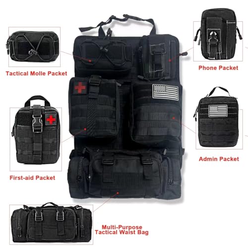 Universal Tactical Front Seat Back Organizer with 5 detachable Molle Storage Bag/Hanger Bag,Applicable to all vehicle (Black)