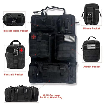 Universal Tactical Front Seat Back Organizer with 5 detachable Molle Storage Bag/Hanger Bag,Applicable to all vehicle (Black)