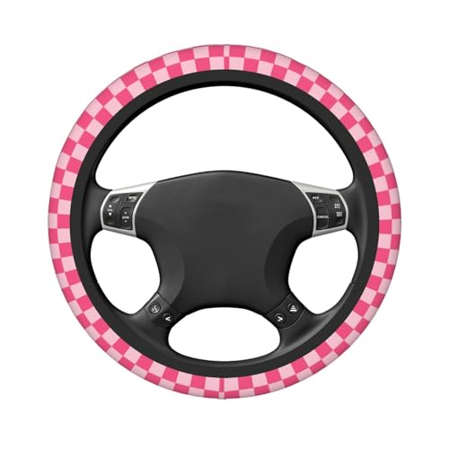 Hot Pink Checkered Steering Wheel Cover for Women, Universal Auto Steering Wheel 14-15 Inch Car Interior Accessories with 2PCS Car Coasters, Suitable for Men and Women - color: Pink red