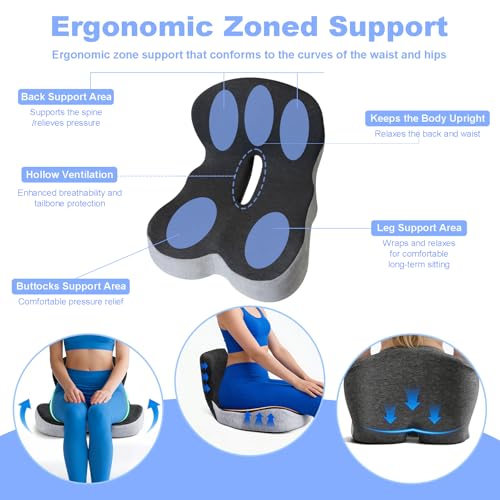 Memory Foam Seat Cushion for Long Sitting,Chair Pads,L-Shaped Ergonomic Design for Office Chair & Truck Drivers,Improve Comfort During Prolonged Sitting(Black Gray)