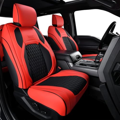 Coverado Front Seat Covers for Ford F150 2015-2026, F250 F350 F450 2017-2026 SuperCrew Crew Cab, Red Leather Car Seat Covers, Full Coverage - color: Red, size: Front