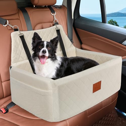 Dog Car Seat for Large Medium Dogs,Washable Pet Carseat Under 55 lbs or 2 Small Dogs,Dog Booster Seat Travel Bed with Thick Cushion,2 Safety Leashes - color: White