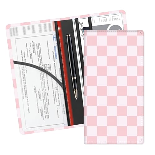 Leather Car Registration and Insurance Card Holder, Cute Car Accessories Vehicle Glove Box Car Organizer for Documents, Cards, License Cute Pink Checkerboard - color: Cute Pink Checkerboard