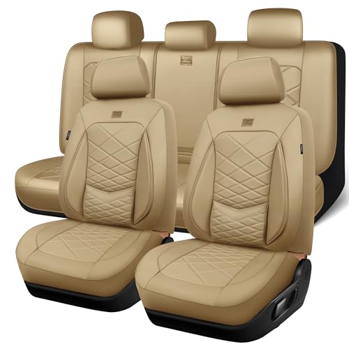 CAR PASS Luxury Nappa Leather Seat Covers Full Set, Water Resistant Faux Leather Seat Cover with Lumbar Support, Breathable Automotive Seat Covers Universal Fit for Sedan SUV Van Truck, Pure Beige - color: beige, size: Full Set