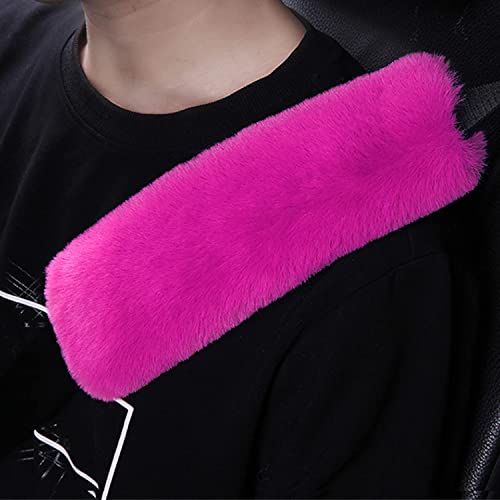 6pcs in 1 Set Soft Fluffy Car Steering Wheel Cover Faux Wool Auto Center Armrest Cove & Gear Shift Cover & Handbrake Cover & 2pcs Seat Belt Shoulder Pads Warm Winter Universal Fit for 15 Inch - color: Rose red