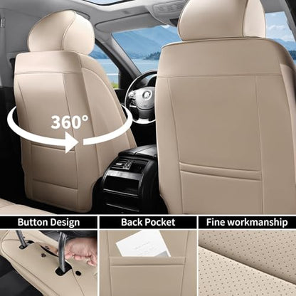 Car Seat Covers Full Set, Luxury Faux Leather Car Seat Covers Waterproof Non-Slip Seat Protector Universal Fit for Most Cars SUVs Trucks Pick-ups,Car Accessories Interior for Women(Beige)