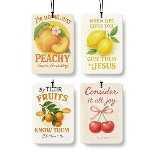 Trendy Peach Lemon Orange Cherry Christian Car Air Freshener 4 Pcs, Cute Fruits Religious Hanging Air Freshener for Cars Closet Drawer Books, Girly Car Accessories Mirror Decor for Women - color: Fruit Christian