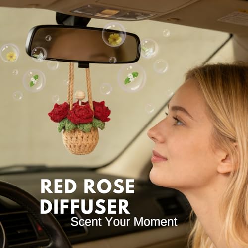 ROFIGL Handmade Crochet Hanging Car Air Freshener - Romantic Red Rose Design, 12ml Refillable Thick Glass Bottle, Car Diffuser for Rearview Mirror, Home & Office Romantic Decor - style: Rose