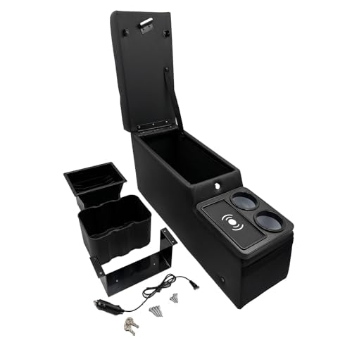 Truck Center Console Truck Seat/Bench Organizer with Wireless Charging and Holder Cups for Jeep CJ5 1976-1983,Jeep CJ7 1976-1986,Jeep Wrangler(YJ) 1987-1995 (Black) - color: Black