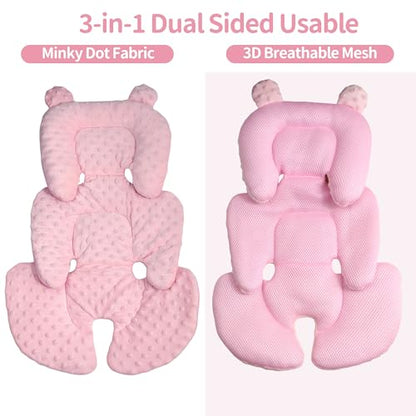 3in1 Reversible Carseat Head Body Support Newborn,3D Minnky Infant Car Seat Insert,Extra Soft Breathable Baby Car Seat Pillow Cushion Boys Girls,fit Stroller,Bouncer,Swing(Pink) - color: Pink