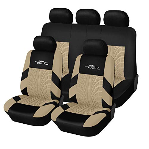 AUTOYOUTH Beige Car Seat Covers Full Set, 3D Tyre Embossed Front Bucket & Split Rear Bench Covers, Airbag Compatible, Quick Setup Universal Fit for Car, SUV, Seat Protectors (9pcs) - color: Beige, size: Full Set (9 pieces)