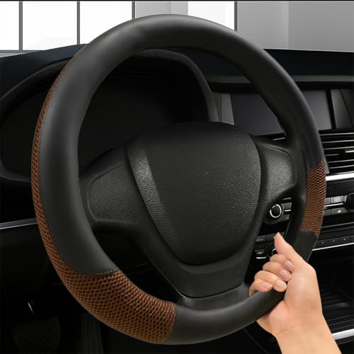 Car Steering Wheel Cover, 15" Breathable Microfiber Leather Ice Silk Mesh Wheel Wrap, Warm in Winter & Cool in Summer, Comfortable Anti-Slip Auto Interior Decorative Protector(Coffee) - color: Coffee