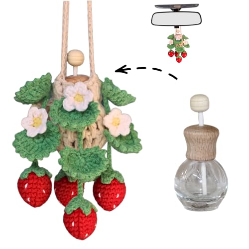 ROFIGL Handmade Crochet Hanging Car Air Freshener - Cute Strawberry Plant Design, 12ml Refillable Thick Glass Bottle, Car Diffuser for Rearview Mirror, Home & Office Decor - style: Strawberry