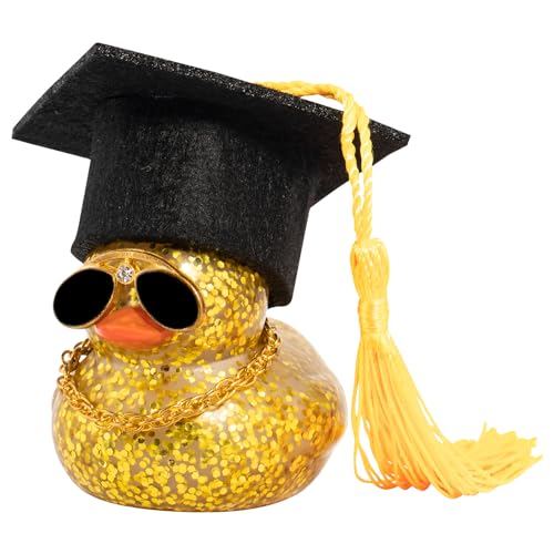 wonuu Car Dashboard Decor Graduation Hat Color Rubber Duck, Car Ducks Ornaments with Mini Graduation Hat Necklace Sunglasses (Gold) - color: Gold, style: Glitter