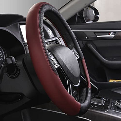 CAR PASS Rhombus Leather Universal Steering Wheel Cover, Fit for Suvs,Trucks,Cars,Sedans,Vans (Black&Burgundy) - color: Black and Burgundy, size: Standard[14.5"-15"]