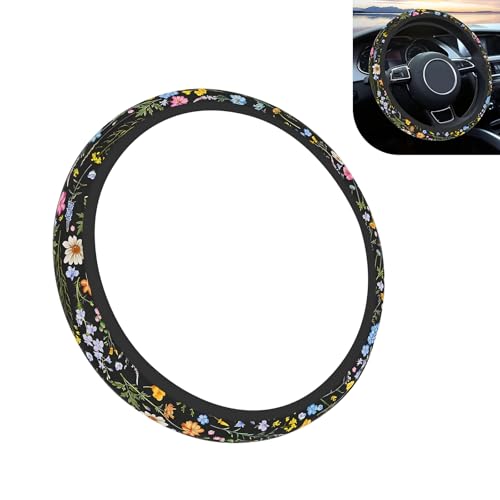 Flower Steering Wheel Cover, Cute Breathable Steer Wheel Protection Cover, Auto Non-slip Wildflowers Steering Protector, Universal for Most Cars, Trucks, SUVs (Multicolored)