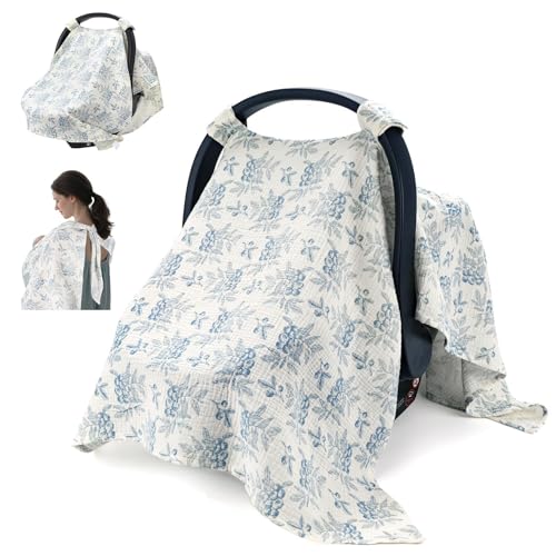 SERAPHY 2-in-1 Muslin Baby Car Seat Cover & Nursing Cover, Soft Lightweight Breastfeeding Cover for Boys and Girls,Breathable Canopy for Infant Carseat & Stroller for Summer—Blueberrie - color: blueberries