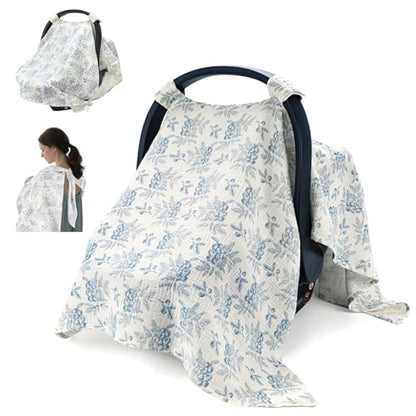 SERAPHY 2-in-1 Muslin Baby Car Seat Cover & Nursing Cover, Soft Lightweight Breastfeeding Cover for Boys and Girls,Breathable Canopy for Infant Carseat & Stroller for Summer—Blueberrie - color: blueberries