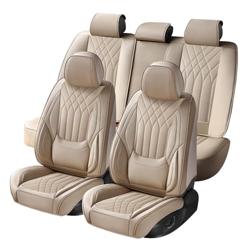 Car Seat Covers Full Set, Nappa Leather Seat Covers for Cars, Beige Car Seat Protector Waterproof, Car Seat Covers Front Seats and Back Fit for Most Cars SUVs Trucks - color: Beige, size: Full Set
