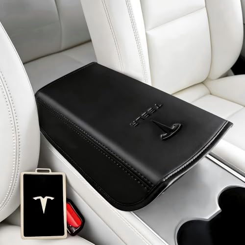 Center Console Armrest Cover for Tesla Model 3 2017-2023 & Model Y 2020-2025 - Black Genuine Leather Armrest Protector, Scratch Resistant Interior | Easy Install Skin with Bonus Key Card Holder - color: Black