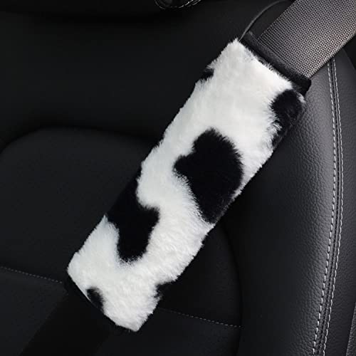 Pinbola 5pcs in 1 Set Faux Wool Steering Wheel Cover Soft Fluffy Handbrake Cover & Gear Shift Cover & 2pcs Seat Belt Shoulder Pads Warm Universal Fit for 15 Inch (Cow Black) - color: Cow Black