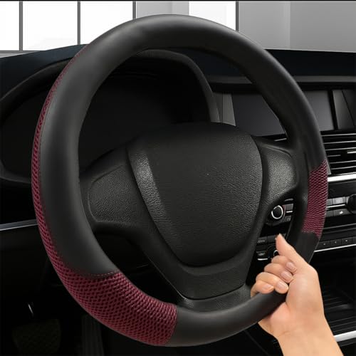 Car Steering Wheel Cover, 15" Breathable Microfiber Leather Ice Silk Mesh Wheel Wrap, Warm in Winter & Cool in Summer, Comfortable Anti-Slip Auto Interior Decorative Protector(Red) - color: Red