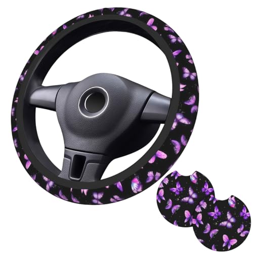Purple Butterfly Steering Wheel Cover - Beautiful Butterfly Steering Wheel Covers Car Cup Holder Pad 2 Pack Accessories Universal 15 Inch Auto Anti-Slip Car Wheel Protector - color: Purple butterfly
