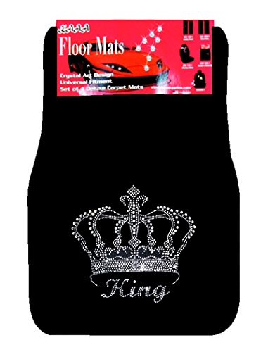 Universal Fit Car Truck Front/Rear 4-Piece Full Set King Crown Crystal Bling Rhinestone Design Studded Black Carpet Floor Mats (King-Black) - color: King-Black