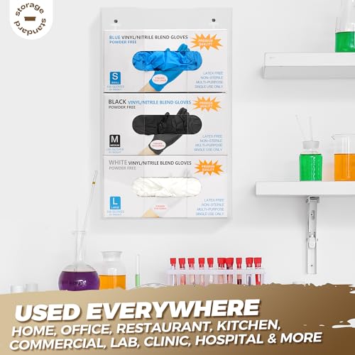 Triple Glove Box Holder Dispenser - Kitchen, Medical, & Latex Glove Holder Wall Mount or Countertop, Universal Fit - Thick Acrylic, Easy to Use, Slide, & Load Open Top Design - Clear
