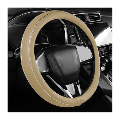 Leather Steering Wheel Cover, Breathable Anti-Slip Car Steering Wheel Protector for Max Diameter 15 Inch, Universal Auto Steering Wheel Cover for Men and Women (Beige)