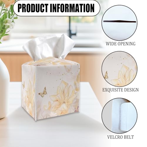 Tissue Box Cover Holder - Golden Flower and Butterfly PU Leather Tissue Box Cover with Bottom Belt, Square Facial Paper Organizer for Tabletop, Bathroom, Kitchen, Car & Office -042 - color: Golden Flower