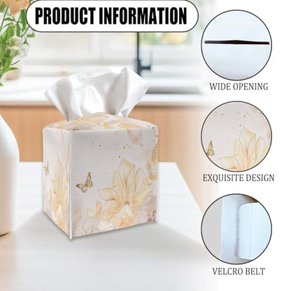 Tissue Box Cover Holder - Golden Flower and Butterfly PU Leather Tissue Box Cover with Bottom Belt, Square Facial Paper Organizer for Tabletop, Bathroom, Kitchen, Car & Office -042 - color: Golden Flower