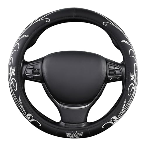Car Leather Steering Wheel Cover - Panapi Material, Universal 14.5-15 Inch Leather Anti-Slip Breathable Auto Steering Wheel Covers for Men Women (Embroidery-White) - color: Embroidery-White
