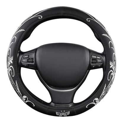 Car Leather Steering Wheel Cover - Panapi Material, Universal 14.5-15 Inch Leather Anti-Slip Breathable Auto Steering Wheel Covers for Men Women (Embroidery-White) - color: Embroidery-White