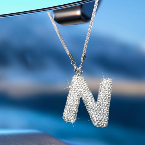 Bling Car Accessories for Women Letter Charm, Rear View Mirror Ornament Cute Hanging Crystal Pendant Girl Car Decorations, Lucky Diamond Rhinestone Girly Charm Interior (White N) - color: White N