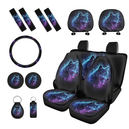 Wolf Lighting Print Blue Black 15 Pcs Car Seat Cover Set, Universal Car Accessory Set Front Rear Seat Covers Seat Belt Covers Steering Wheel Cover Car Coaster Car Headrest Cover - color: Wolf Lighting Print Blue Black