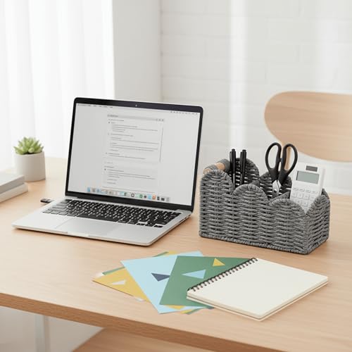 CubesLand Bedside Table Desk Organizer Caddy, Remote Pen&Pencil Holder Cup, Makeup Brush Holder w/Scalloped Perfect for Home, Office Desk, Living Room Table Decor, 3 Slots Grey - color: Grey