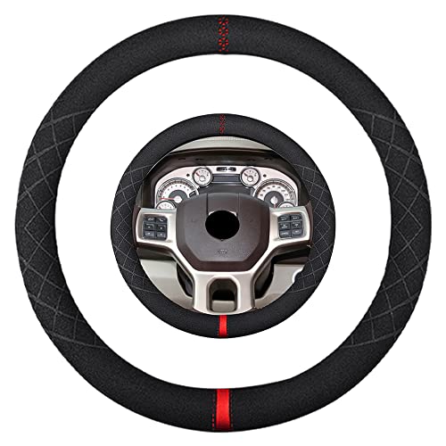 Suede Steering Wheel Cover,Compatible with Dodge Challenger Caravan Ram 1500 Suede Leather Sport Non-Slip Wheel Cover Car Interior Accessories 15 inch for Man and Women - color: Fit Dodge O Shape Suede Red Mark in Black, size: 15 inch